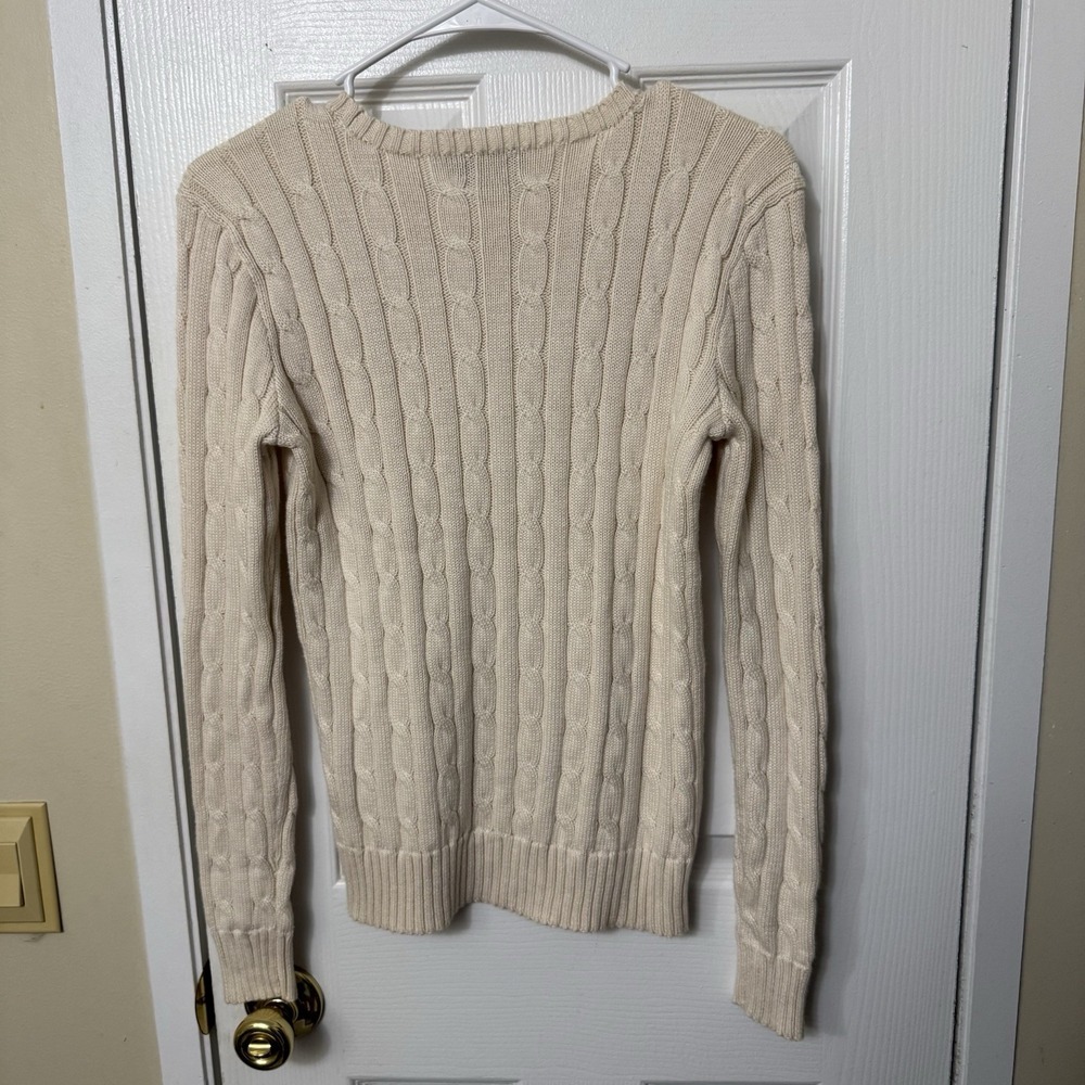 Ralph Lauren Cable Knit Sweater Women S Cream Lambswool Sport Crewneck Pony Prep - Picture 2 of 3